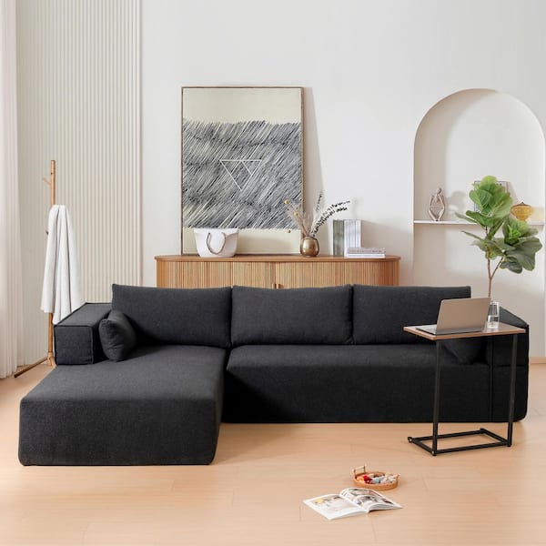 112 in. Wrinkle Resistant Boucle Fabric Fully Compressed Sectional Sofa in. Black with Free Side Table