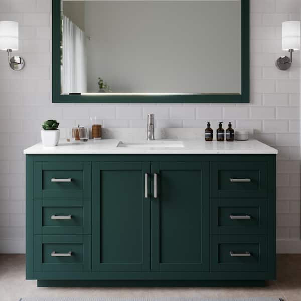 Wyndham Collection Miranda 60 in. W x 22 in. D x 33.75 in. H Single Sink Bath Vanity in Green with Carrara Cultured Marble Top and Mirror