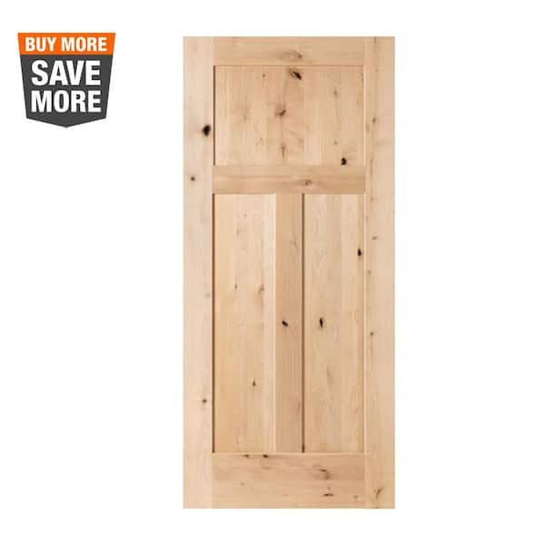 Krosswood Doors 30 in. x 80 in. Krosswood Craftsman 3-Panel Shaker Solid Wood Core Rustic Knotty Alder Interior Door Slab