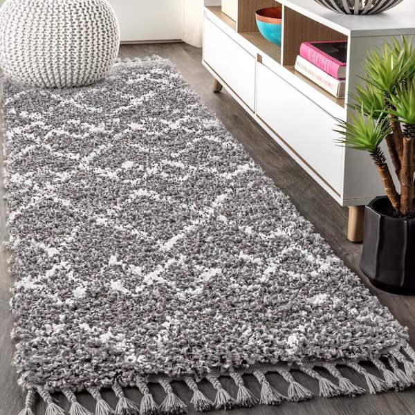 JONATHAN Y Mercer Shag Plush Tassel Moroccan Tribal Geometric Trellis Grey/Cream 2 ft. x 8 ft. Runner Rug