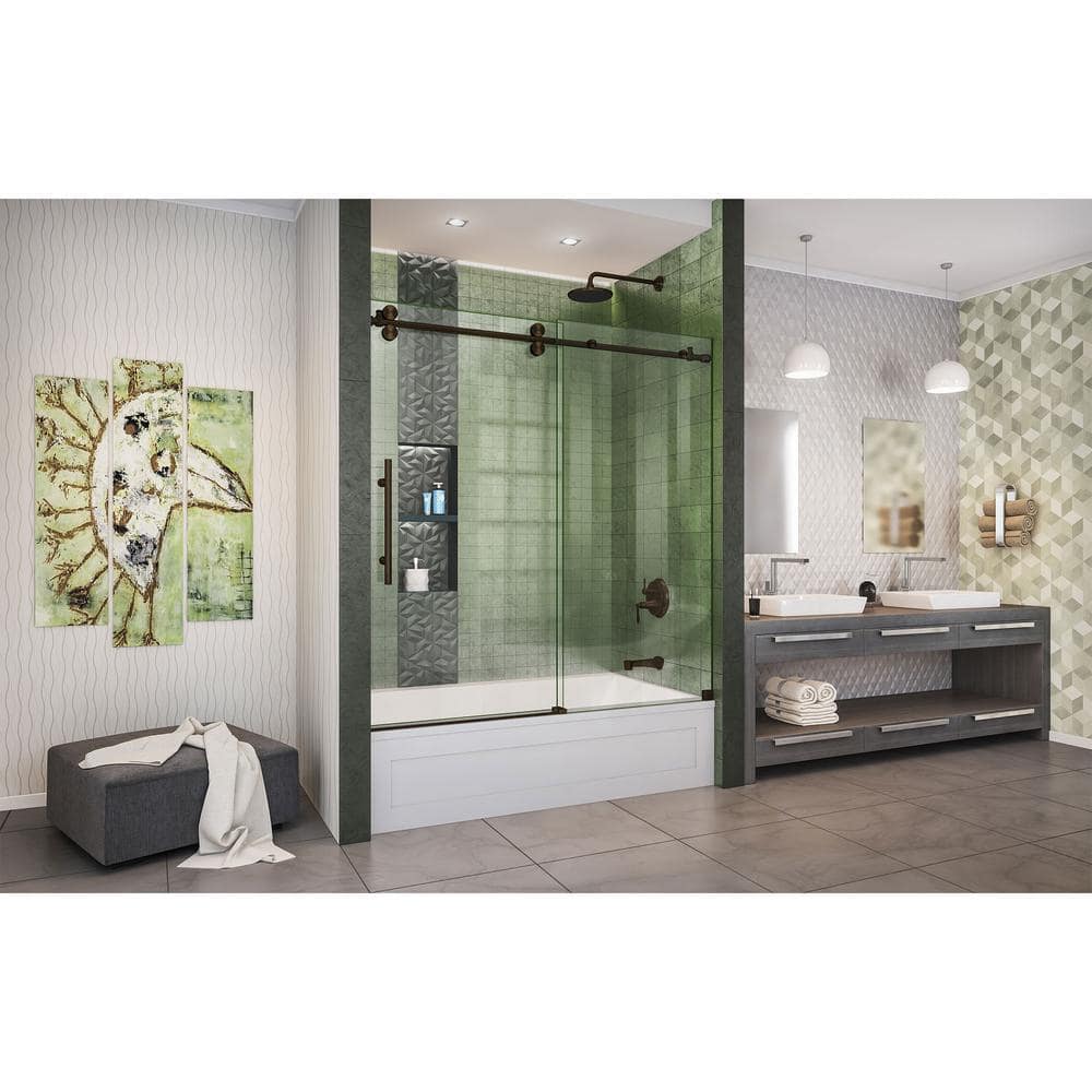 Enigma-XO 55-59" Frameless Sliding Shower Door with Polished Stainless Steel Hardware