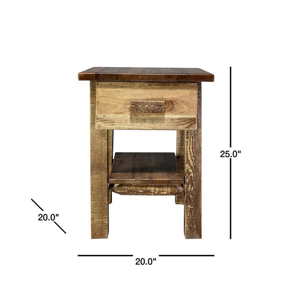 Rustic Pine Wood Nightstand with Drawer and Shelf