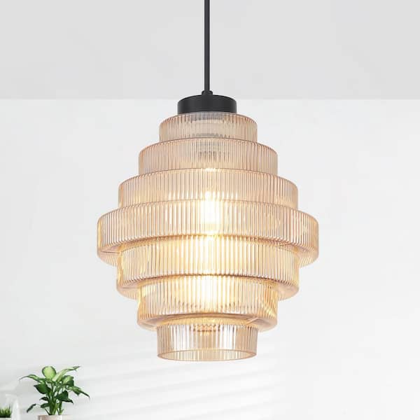 1-Light Black and Amber Vintage Pendant Light Ceiling Hanging Lighting for Kitchen Island with Glass Gyro Shade