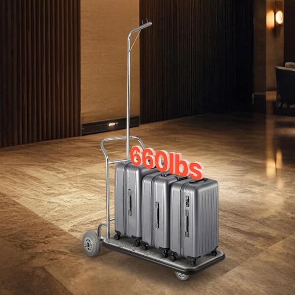 Luggage Cart, 660 lbs. Load Capacity, 3 Wheel Stainless Steel Bellman Cart, Valet Cart with Grey Carpeted Deck