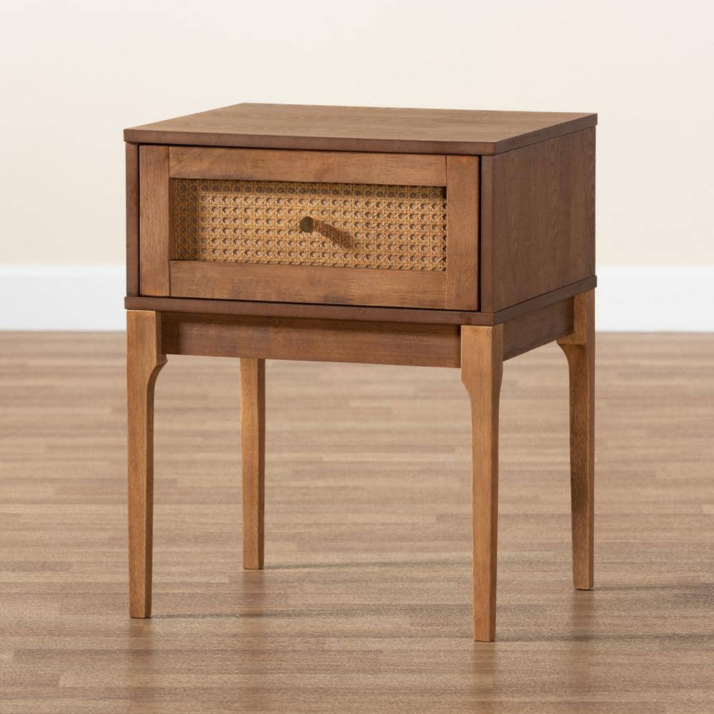 Ramiel Ash Walnut Wood and Rattan 1-Drawer Nightstand