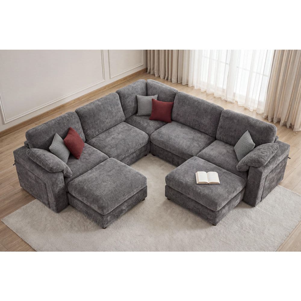 Seafuloy 121 in. Straight Arm 7-Piece Chenille Oversized Modular