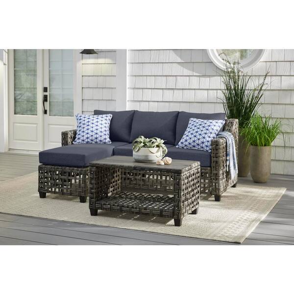 Hampton Bay Briar Ridge 3-Piece Brown Wicker Outdoor Patio Sectional Sofa with CushionGuard Sky Blue Cushions