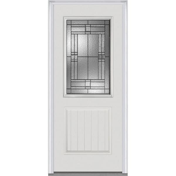 MMI Door 36 in. x 80 in. Roman Right-Hand Inswing 1/2-Lite Decorative 1-Panel Planked Primed Fiberglass Smooth Prehung Front Door