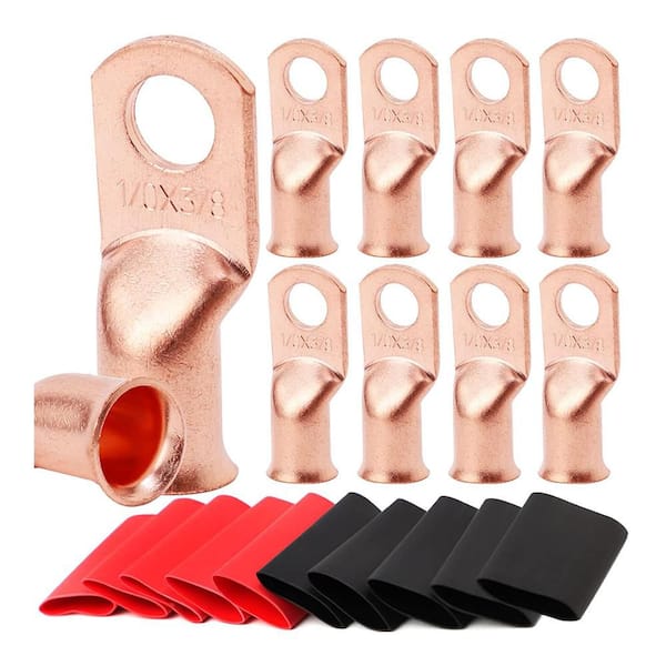 10-Pieces 1/0 AWG-3/8 in. Heavy Duty Battery Lugs, 0 Gauge Ring Terminals with Heat Shrink Tubing