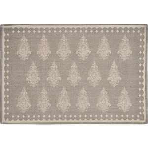 Damask 19 in. x 13 in. Gray / Cream Motif Bordered Cotton Placemat (Set of 4)