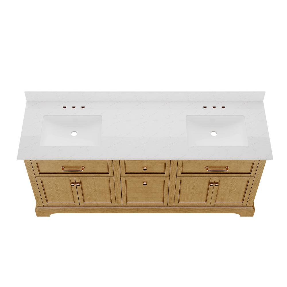 72" Walnut Freestanding Double Bathroom Vanity with Marble Top