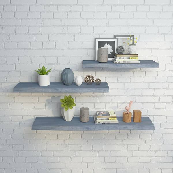 Interbuild Solid 2.9 ft. L x 10 in. D x 1.5 in. T, Acacia Butcher Block Countertop Floating Wall Shelf, Dusk Grey with Live Edge