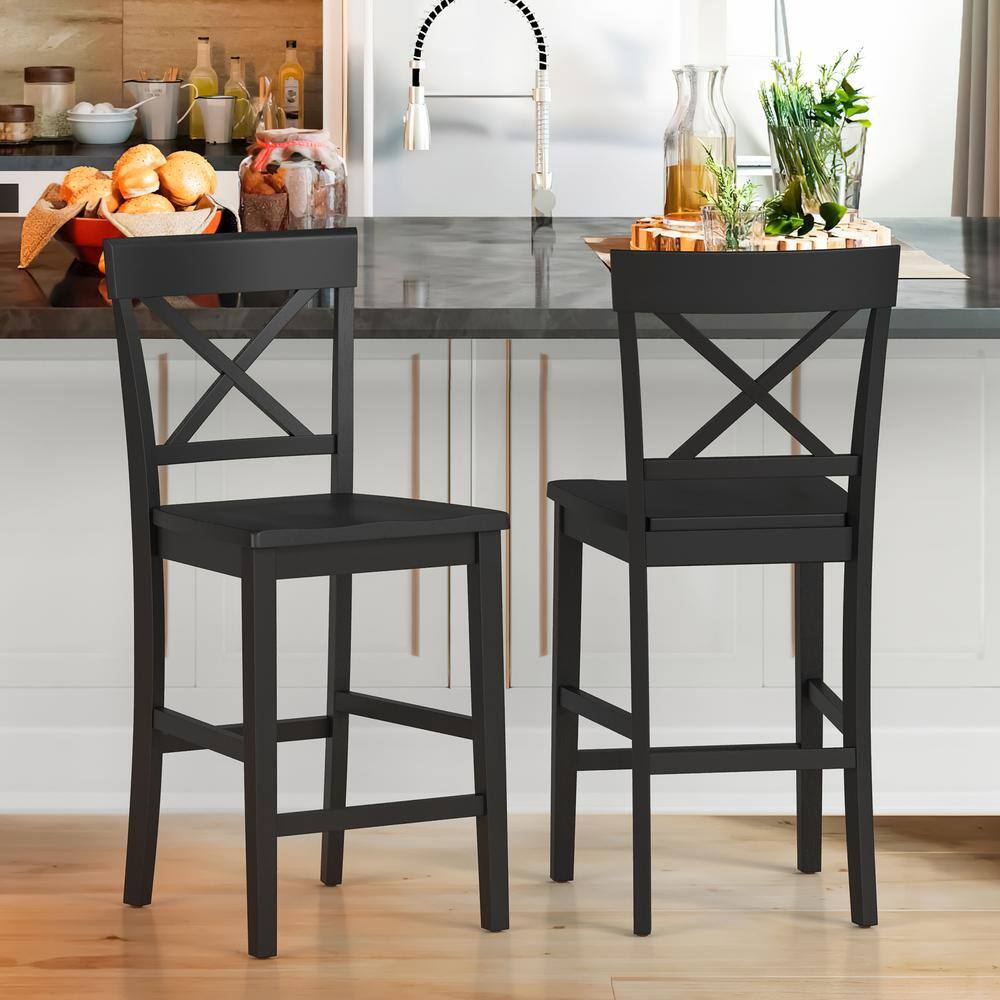 Ionia 24" Black Wood Counter Height Bar Stools, Set of 2