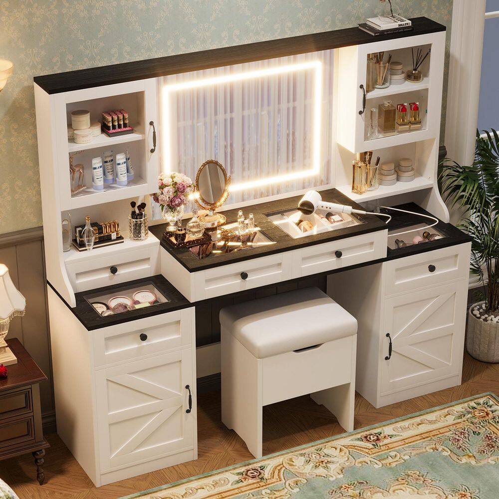 Farmhouse White Makeup Vanity Set with Storage Cushion Stool, Glass Visual Desktop and Charging Station