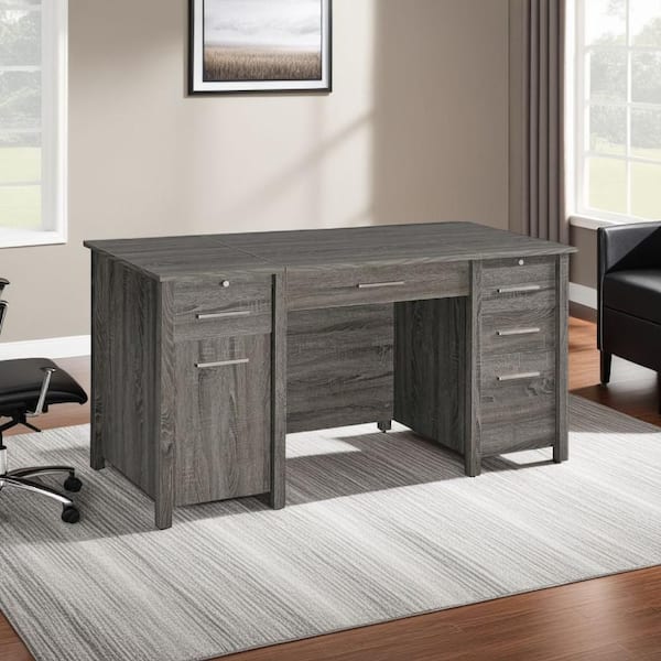 Benjara Wim 60 in. Rectangular Weathered Gray Wood 4-Drawer Writing Desk with 2 Pull Out Trays