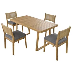 5-Piece Wood Rectanglar Outdoor Dining Set with Gray Cushions