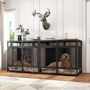 Large Dog Crate Furniture, Indoor Pet Crate End Table, Mesh and Wooden Dog Kennels for 2 Medium or Large Dogs, Walnut