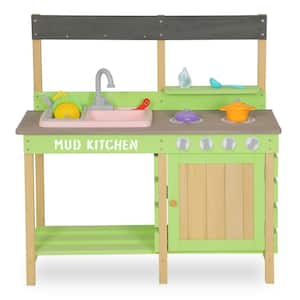 Wooden Kids Kitchen Playset, Indoor Outdoor Pretend Mud Kitchen Set for Toddler, Green