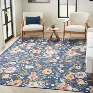 Washables Navy Multicolor 8 ft. x 10 ft. Botanical Traditional Area Rug