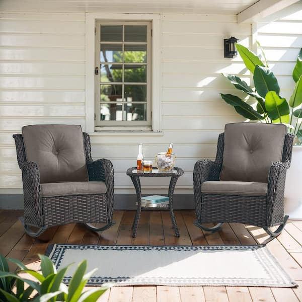 Opohoro ArcoBay 3-Piece Brown Wicker Outdoor Rocking Chairs Patio Conversation Set with Gray Cushions and Side Table