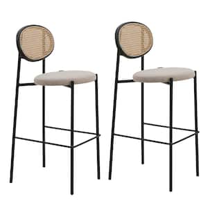 LeisureMod Euston Modern 29.5 in. Wicker Bar Stool with Black Powder Coated Steel Frame and Footrest, Set of 2 (Beige)