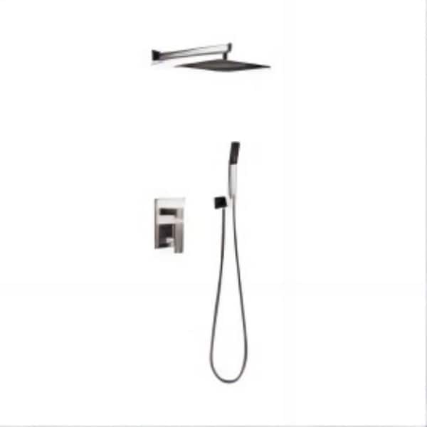 Lukvuzo 1-spray with 2 GPM 10 in. Square Wall Mounted Dual Shower Head and Handheld Shower Head Shower System in Brushed Nickel