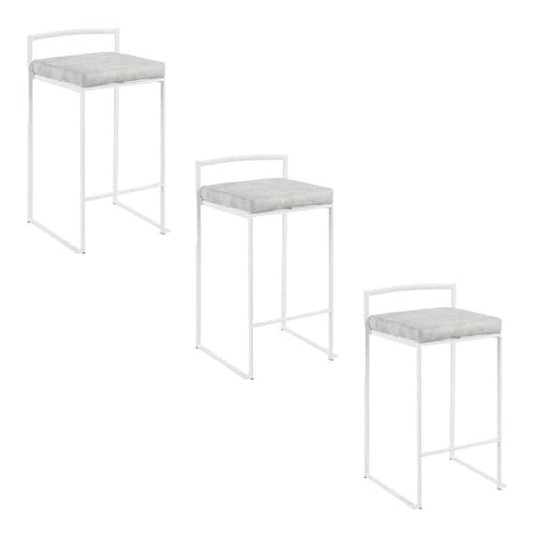 Lumisource Fuji 27.75 in. Light Grey Cowboy Fabric and White Metal Stackable Counter Stool (Set of 3)