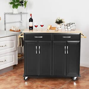 Black Rolling Kitchen Cart with Towel Rack and Wood Table Top