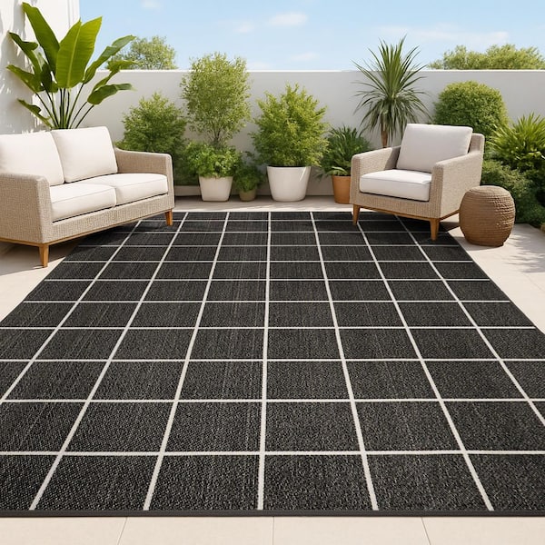 Grid Modern Squares Dark Gray/Cream 8 ft. x 10 ft. Indoor/Outdoor Area Rug
