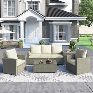 Gray Wicker Outdoor Patio Furniture Sets Sectional Seating Group with Beige Cushions and Table