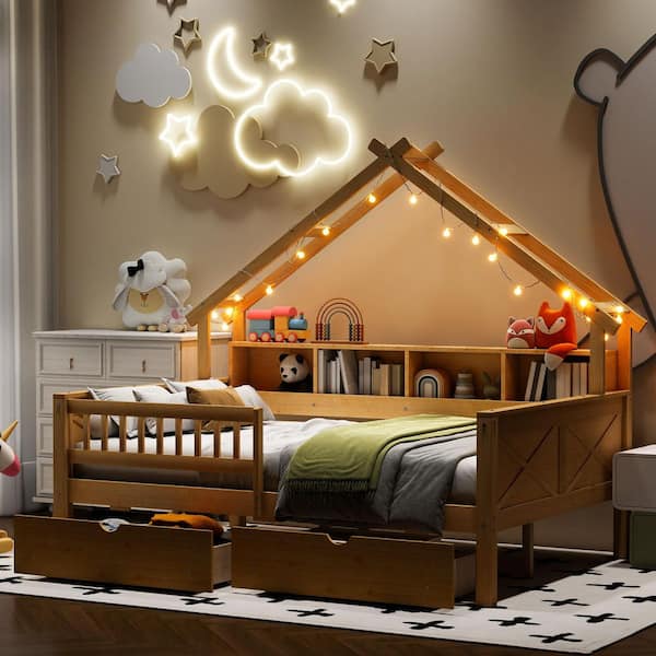 House Style Natural (Brown) Wood Frame Full Size Platform Bed, Kid Bed with LED Lights, Storage Shelves, 2 Drawers