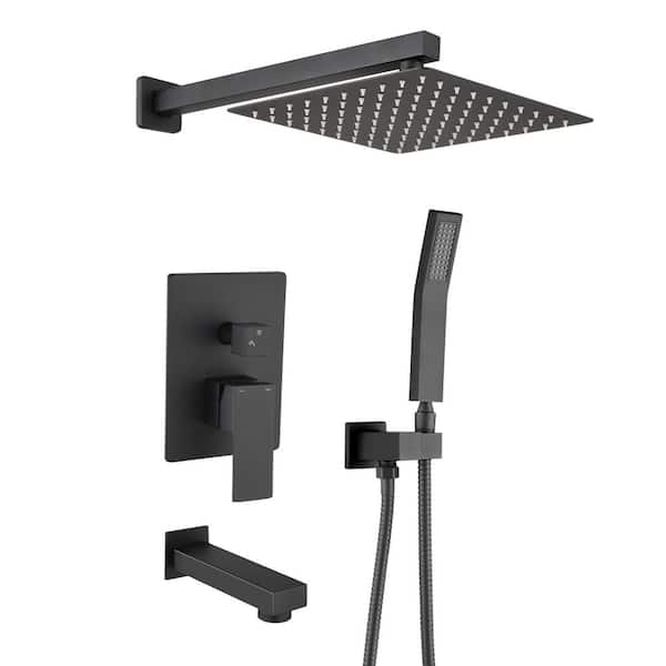 YASINU 1-Spray Square Hand Shower with Tub and Shower Faucet in Matte Black (Valve Included)