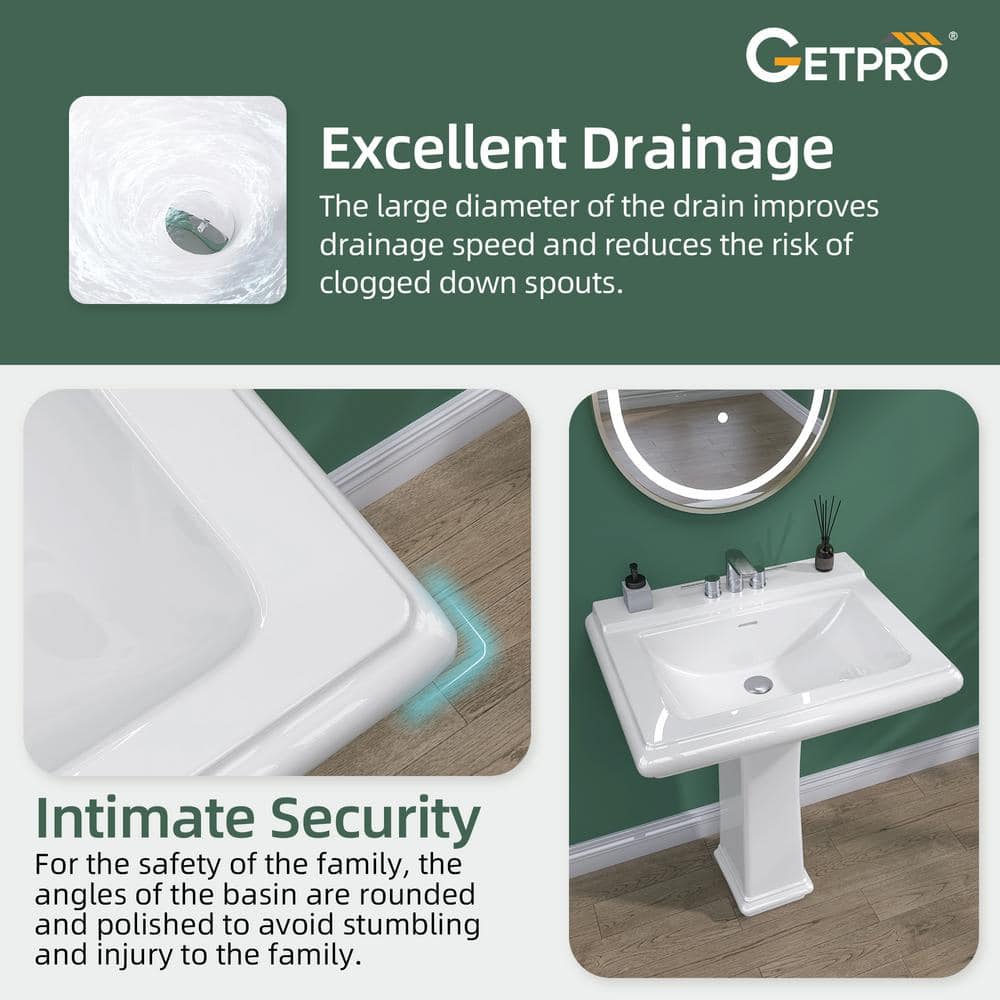 White Rectangular Ceramic Pedestal Sink with Overflow