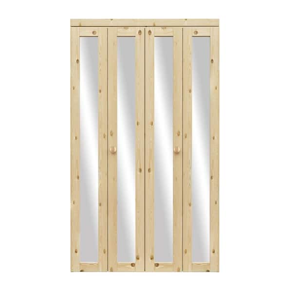 48 in. x 80 in. 1-Lite Solid Core Unfinished Pine Wood Mirrored Glass Interior Closet Bi-fold Door with Hardware