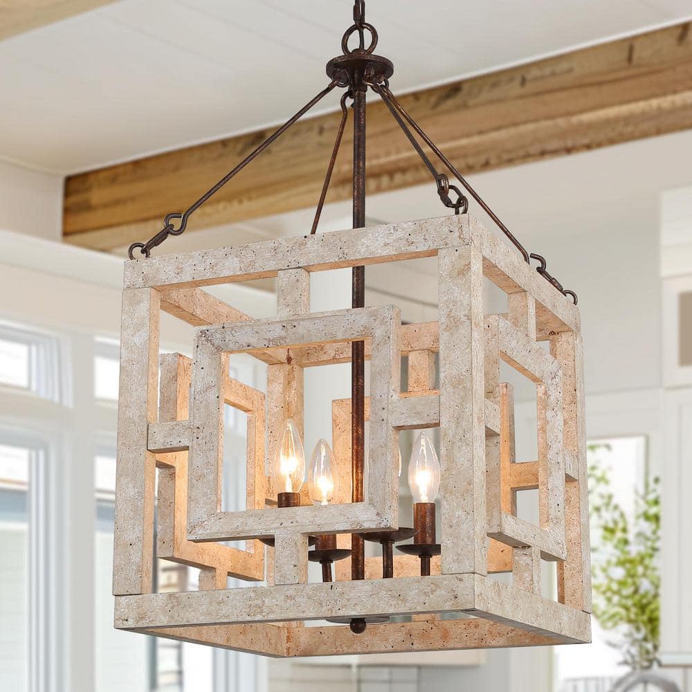 LNC Farmhouse Lantern Square Cage Antique White Wood Chandelier