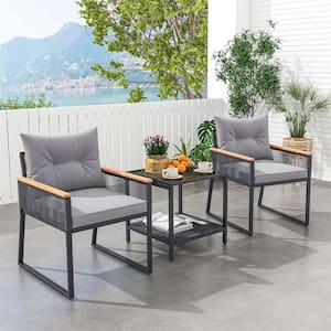 3-Piece Wicker Outdoor Conversation Set with 2-Layer Side Table and Grey Cushions