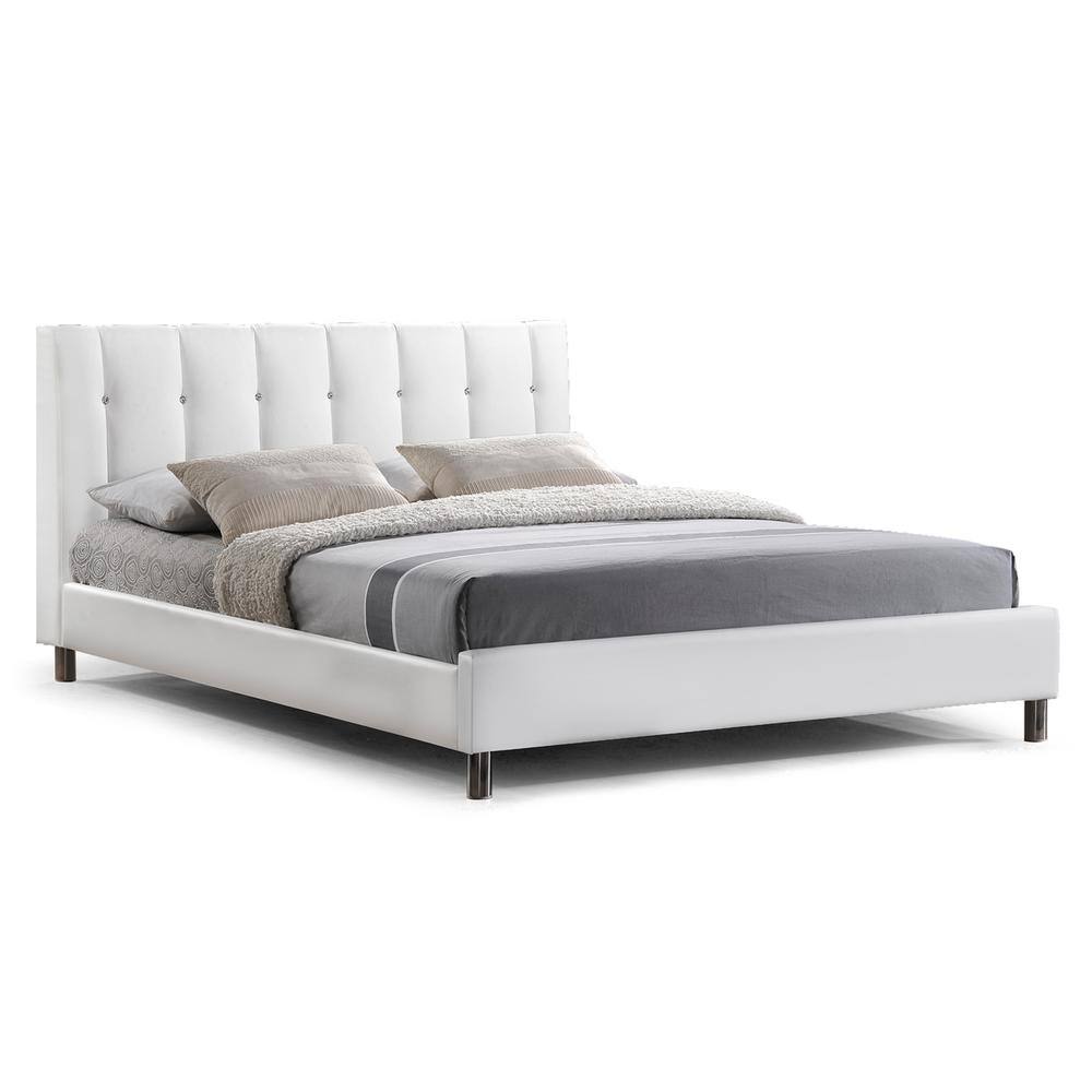 White Queen Faux Leather Upholstered Platform Bed with Tufted Headboard