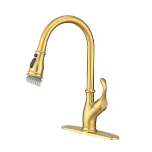 Touchless Sensor Single Handle Pull-Down Sprayer Kitchen Faucet with Deck Plate in Brushed Gold