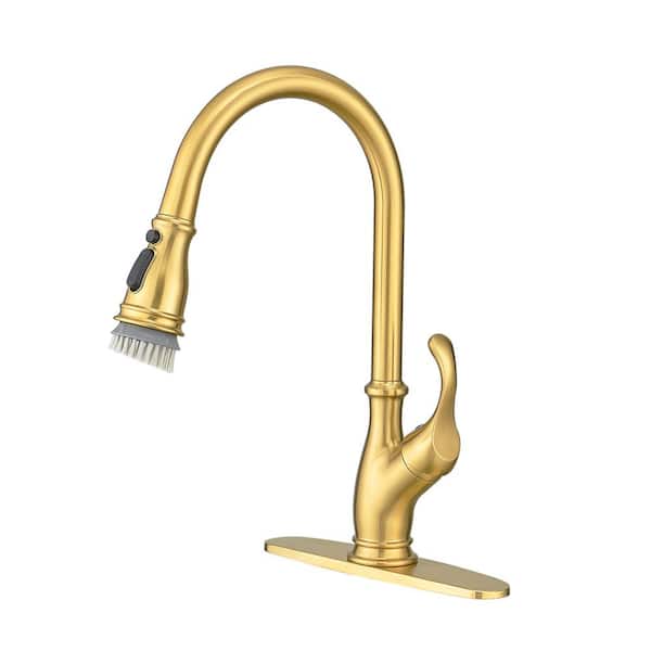 Unbranded Touchless Sensor Single Handle Pull-Down Sprayer Kitchen Faucet with Deck Plate in Brushed Gold