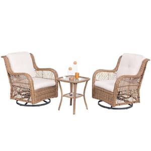 Natural Brown 3-Piece Wicker Patio Swivel Rocker Outdoor Bistro Set with Beige Cushion, 2 Rocking Chairs and Side Table