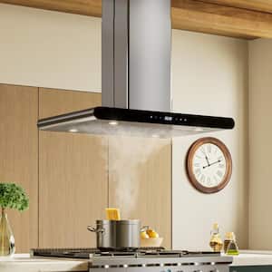 Deluxe 36 in. 400 CFM Convertible Kitchen Island Range Hood in Black with Exhaust Kitchen Vent Duct and Soft Controls