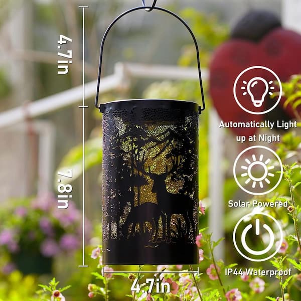 5 in. x 13 in. Black Steel Solar Lantern Outdoor Waterproof Deer