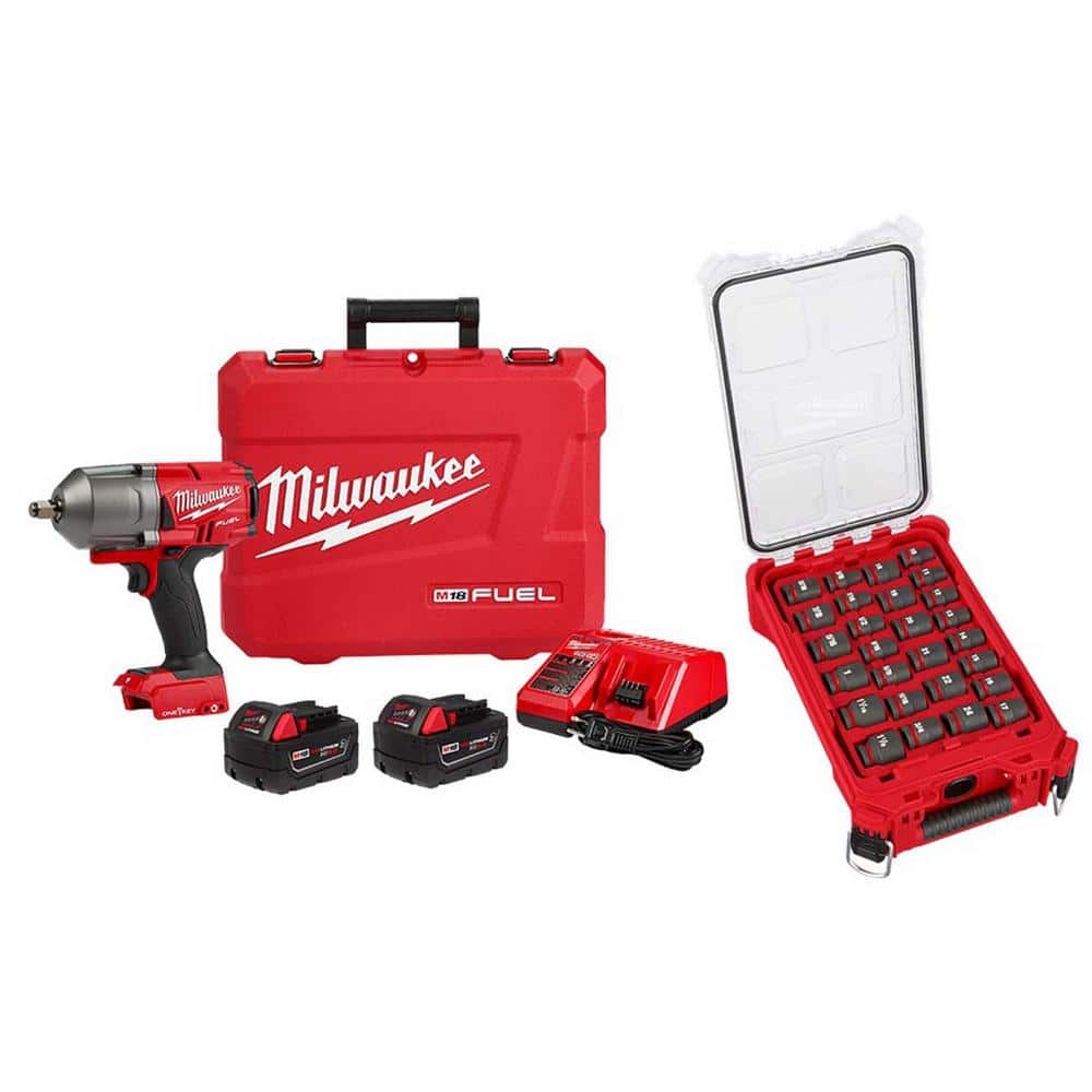 M18 FUEL ONE-KEY 18V Li-Ion Brushless Cordless 1/2 in. HighTorque Impact Wrench with Friction Ring and Impact Socket Set -  Milwaukee, 2863-22R-804