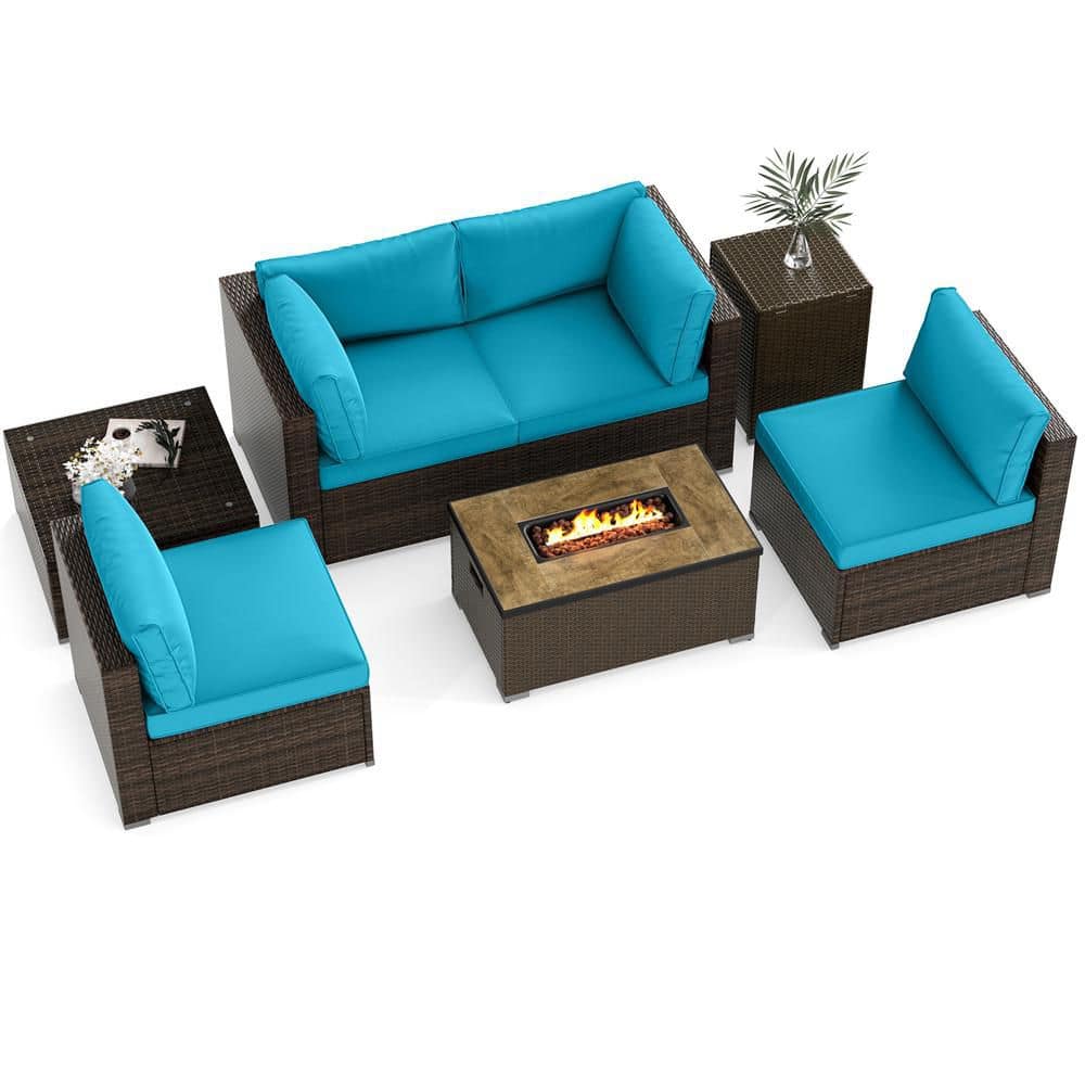 7-Piece Wicker Patio Conversation Set with 32 in. Fire Pit Table and Propane Tank Cover Turquoise Cushions price history on PriceWatchPro