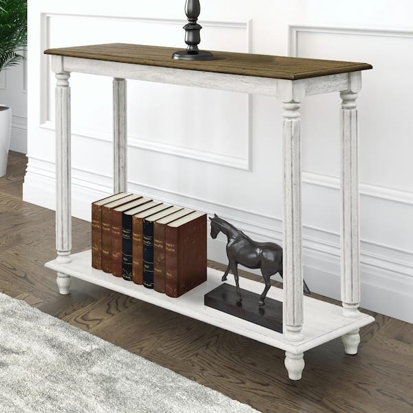 GALANO Moshiem 35.4 in. Spray Paint White with Oak Rectangular Solid Wood Console Table