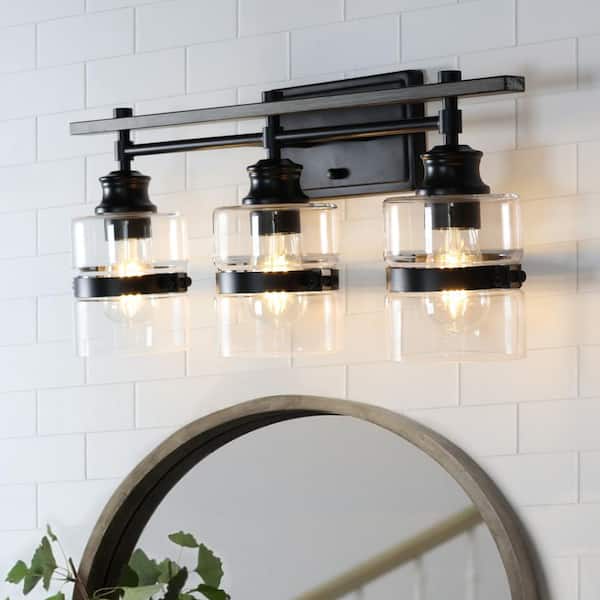 ExBrite Merrin 23 in. 3-Light Wood grain Bathroom Vanity Light with Metal decorative Shades