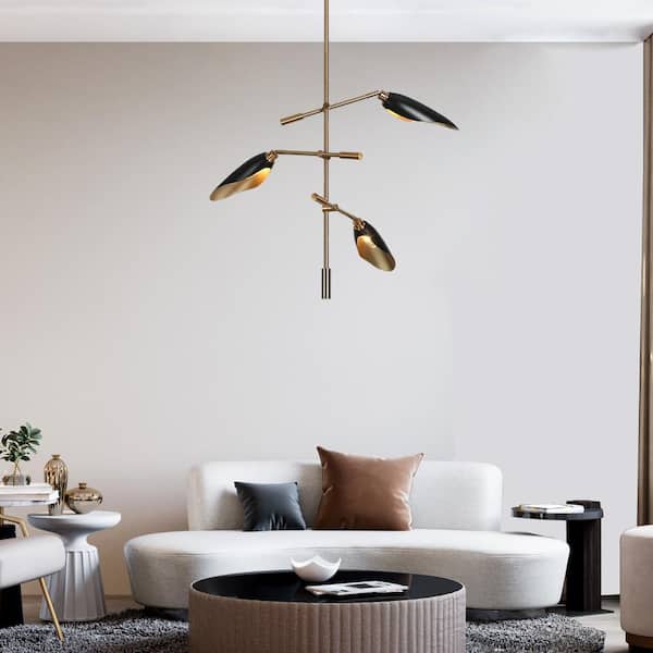 Toltehcwe Modern 3-Light Sputnik Chandelier with Brass and Black Shade, Industrial Adjustable Living Room Pendant Light