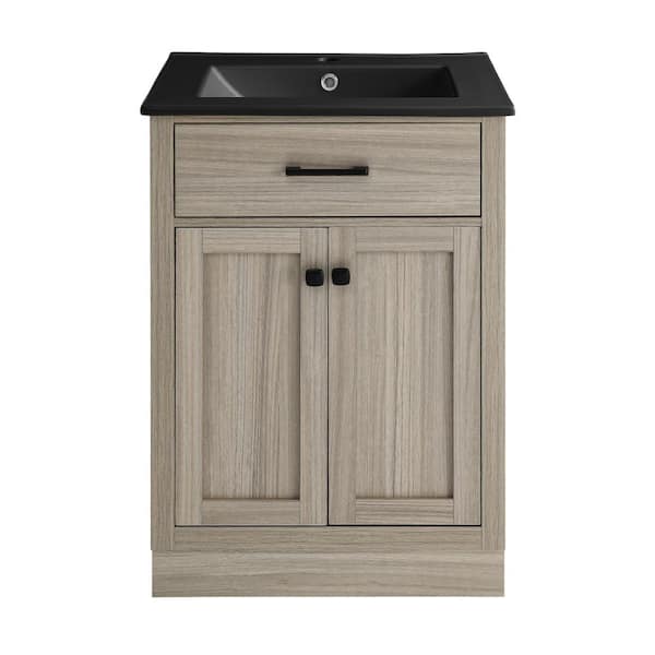 Swiss Madison Burdon 24 in. Bathroom Vanity in Brown Oak with Black Ceramic Sink Top