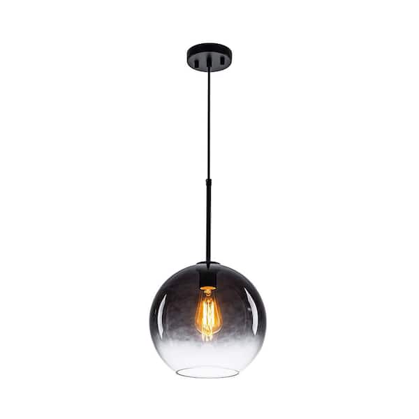 Luckyday 1-Light 11 in.W Black Modern Globe Pendant Light Kitchen Island Hanging Light with Gradient Gray Tinted Glass