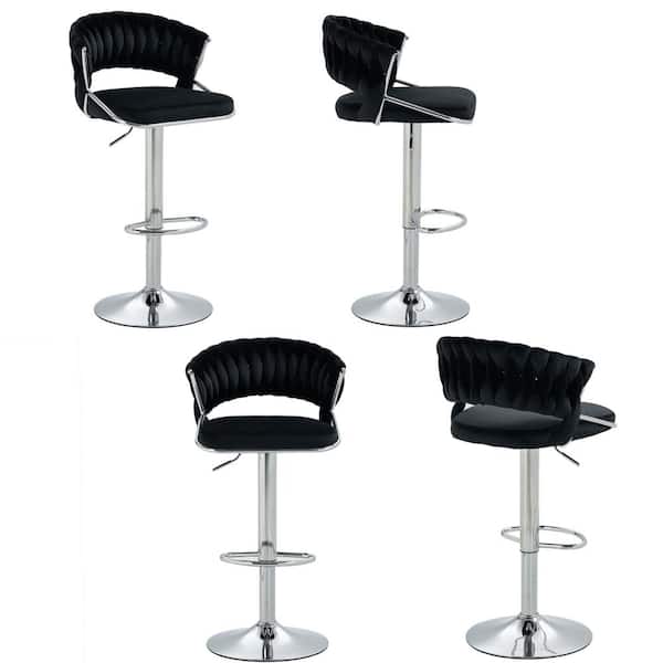 Uixe 43.15 in. Black Low Back Silver Metal Frame Adjustable Swivel Bar Stool with Velvet Seat (Set of 4)